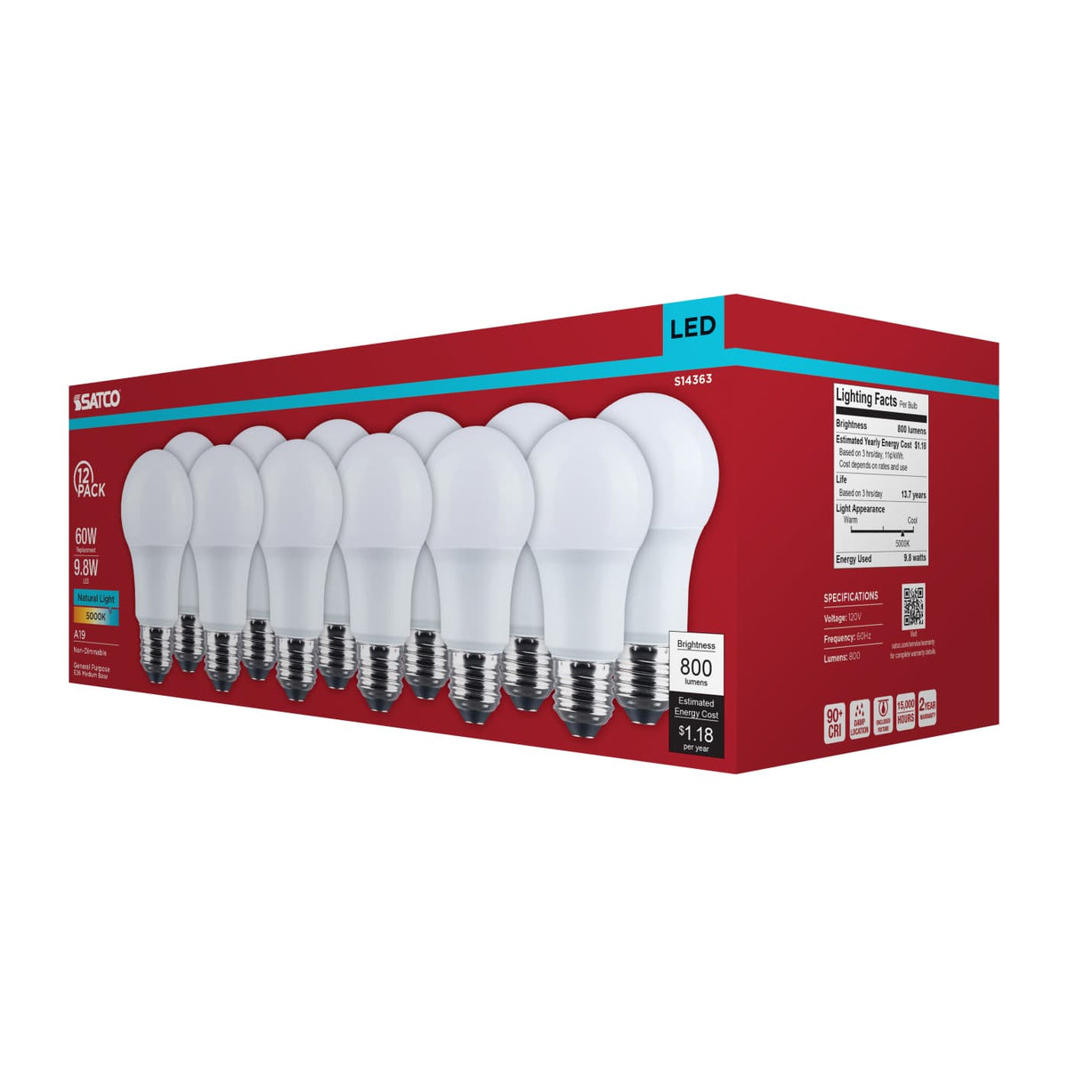12Pk - Satco 9.8w LED A19 5000K CCT Selectable E26 Base 120v Bulb