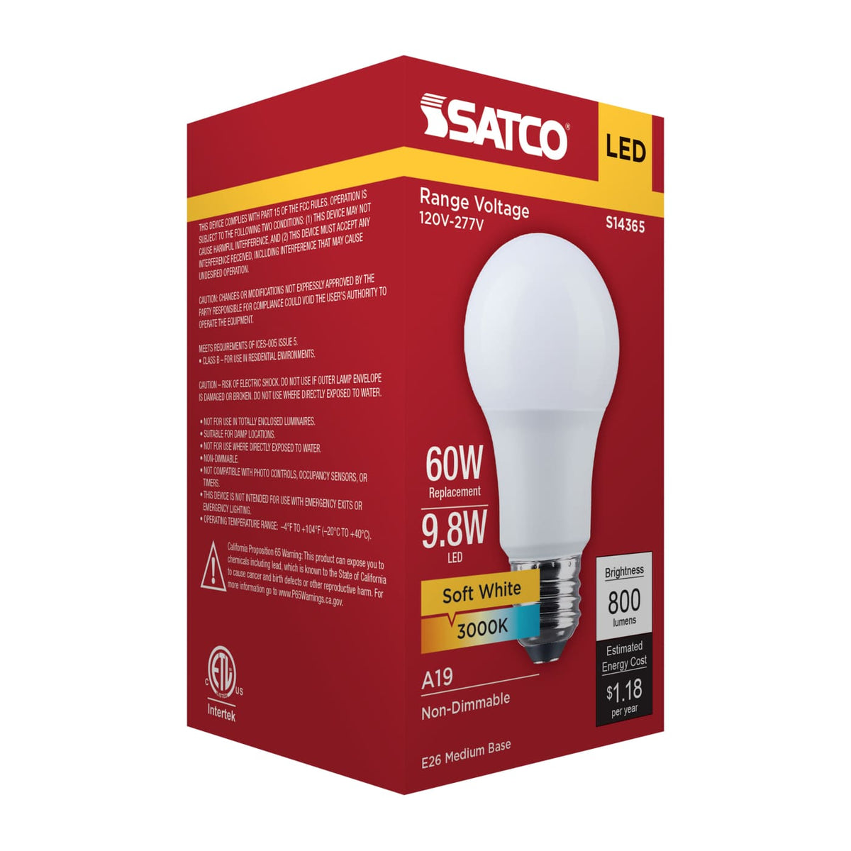 Satco 9.8w LED A19 3000K CCT Selectable E26 Base 120-277v Bulb