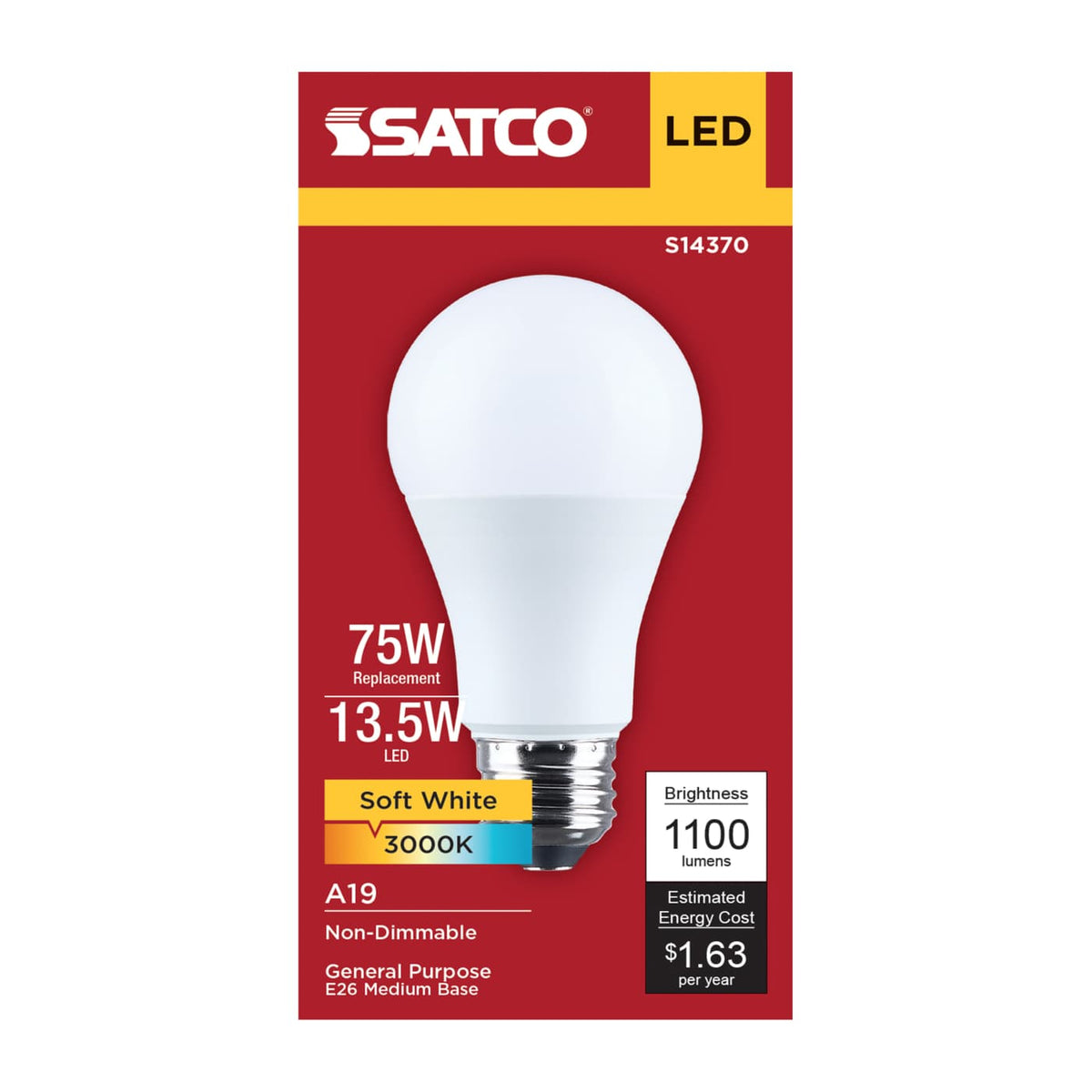 Satco 13.5w LED A19 3000K CCT Selectable E26 Base 120v Bulb