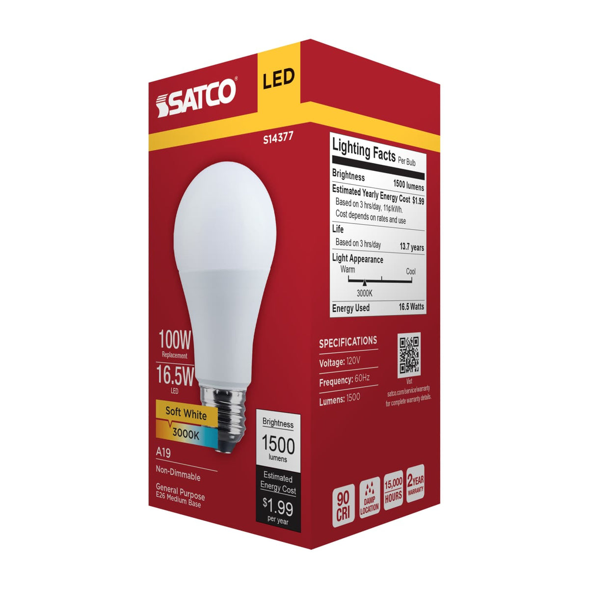 Satco 16.5w LED A19 3000K CCT Selectable E26 Base 120v Bulb