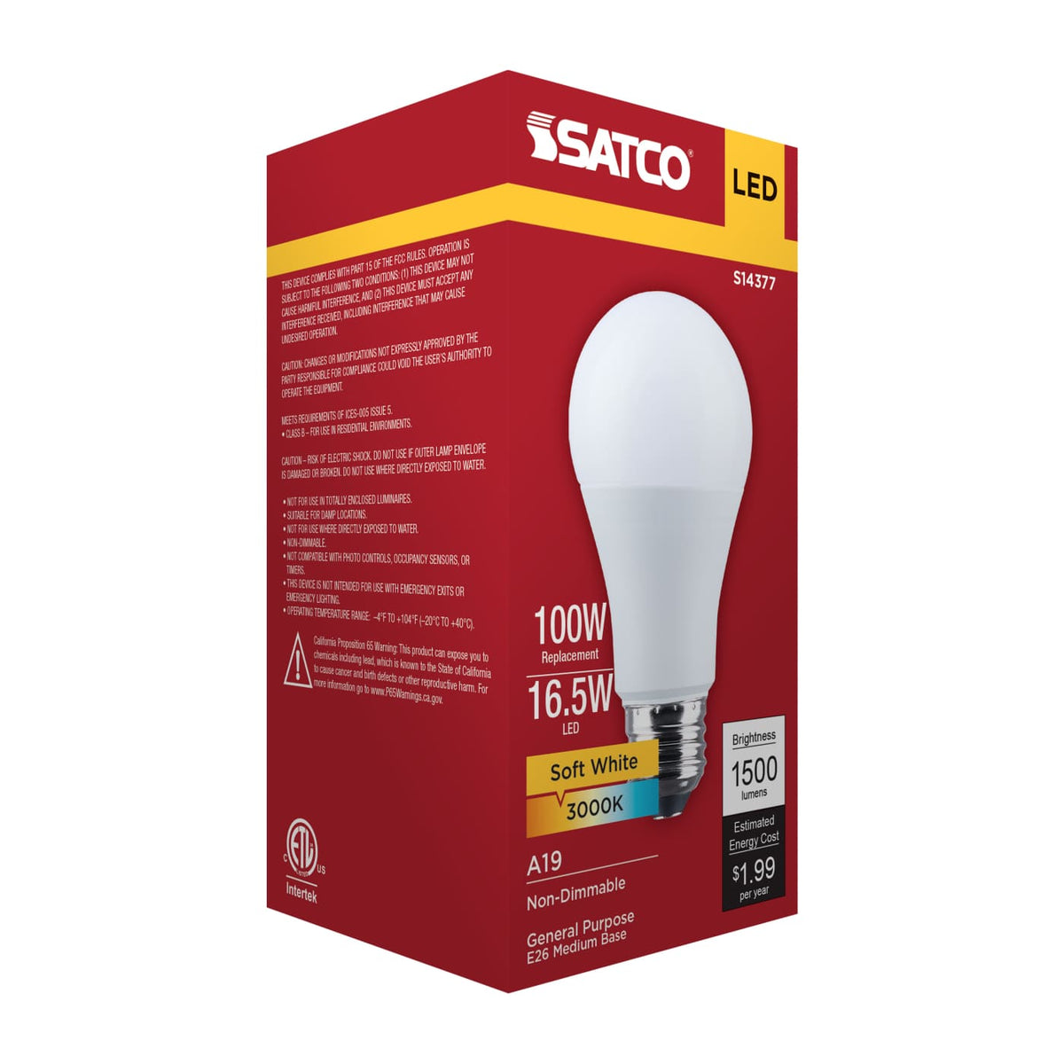 Satco 16.5w LED A19 3000K CCT Selectable E26 Base 120v Bulb
