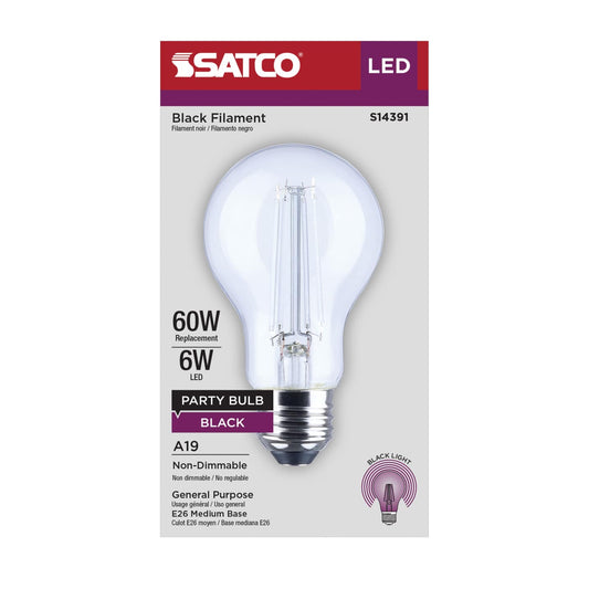 Satco 6w LED A19 Straight Filament Black Light Glass 120v Bulb
