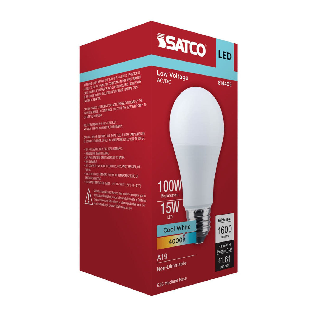 Satco 15w LED A19 4000K CCT Selectable E26 Base 12-24v AC 12-34v DC Bulb