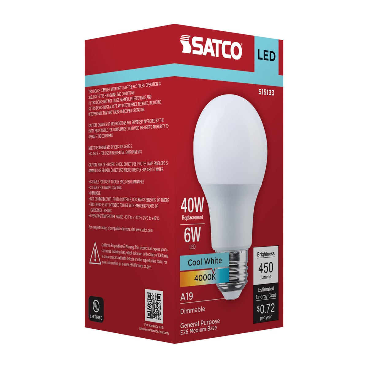 Satco 6w A19 LED 4000K CCT 80 CRI Medium Base 120v Bulb