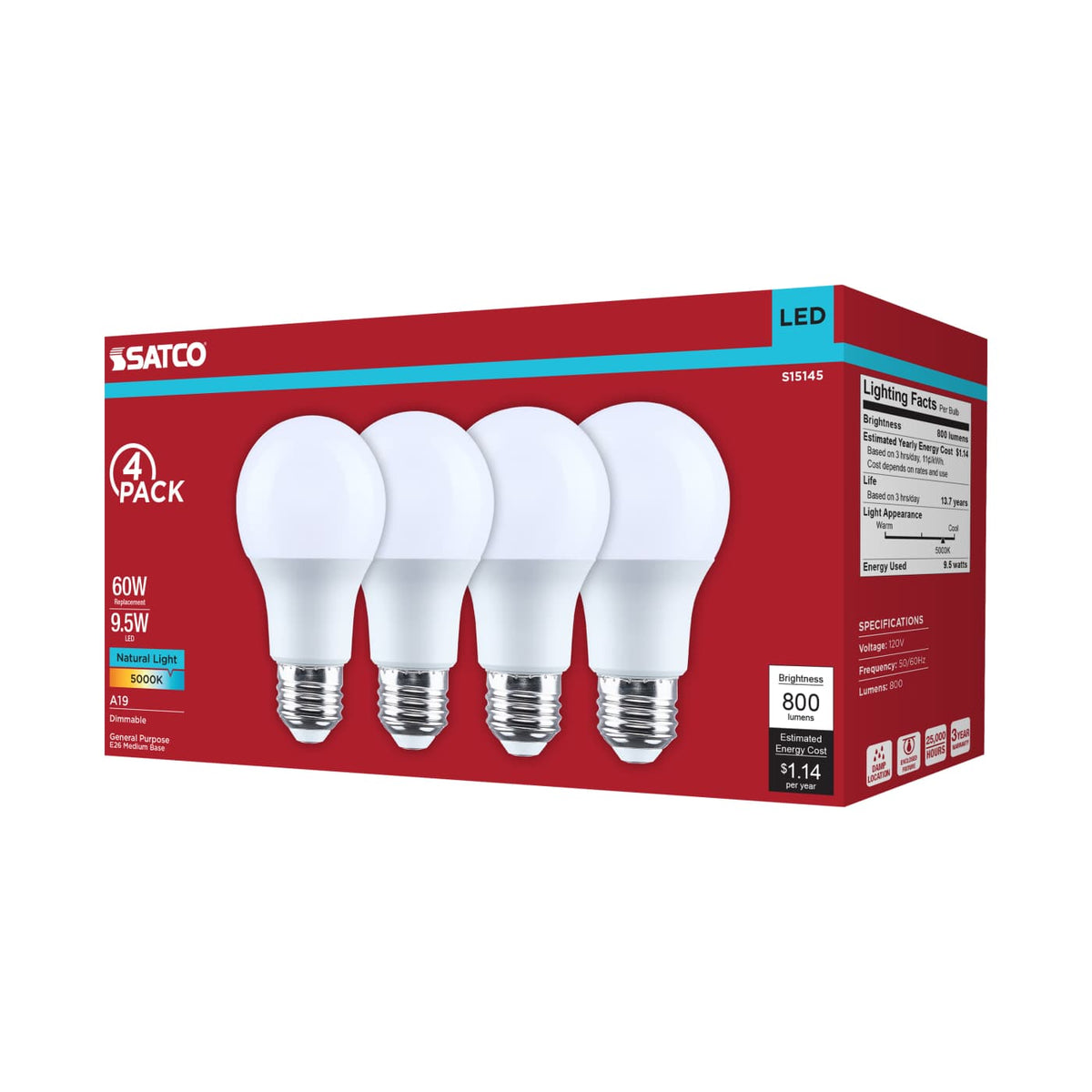 4Pk - Satco 9.5w A19 LED 5000K CCT 80 CRI Medium Base 120v Bulb