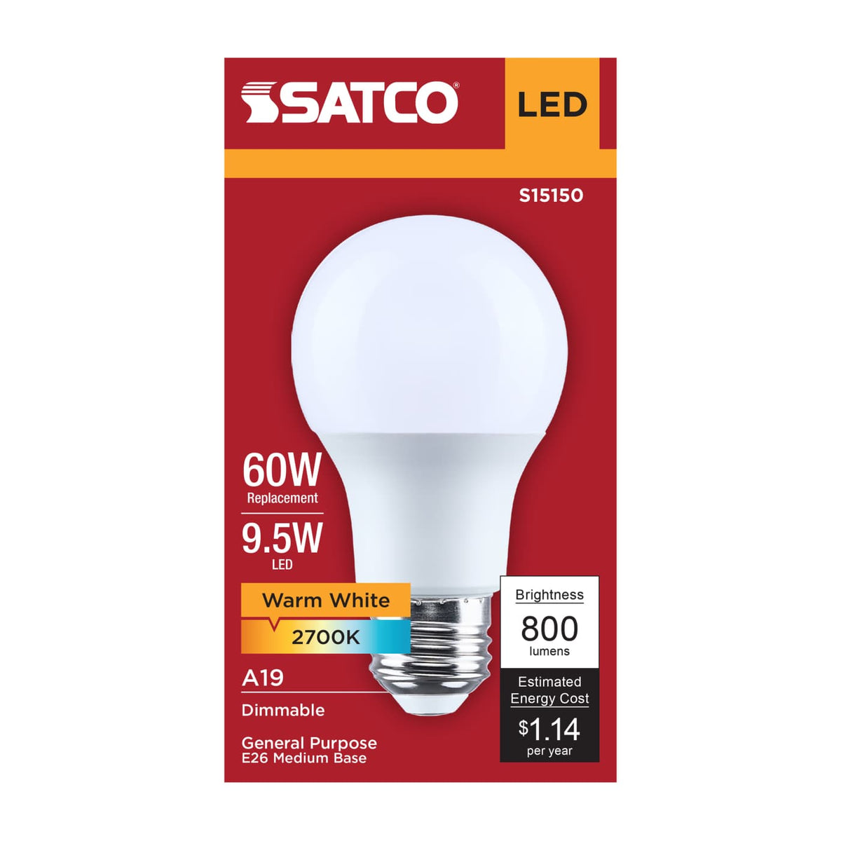 Satco 9.5w A19 LED 2700K CCT Medium Base 120v Bulb