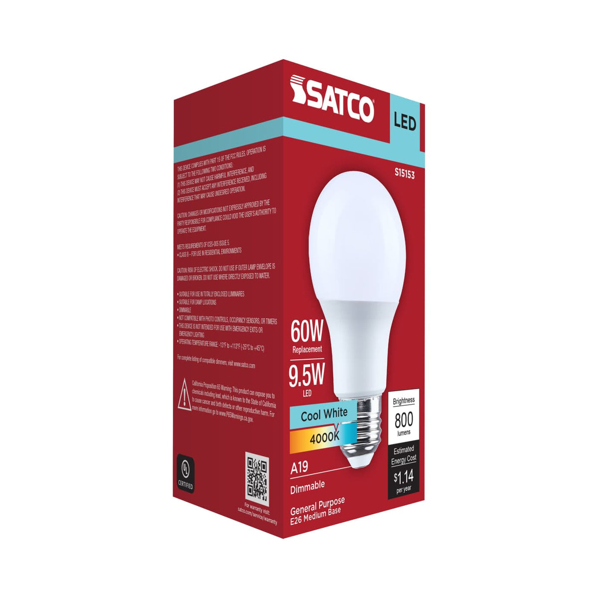 Satco 9.5w A19 LED 4000K CCT Medium Base 120v Bulb