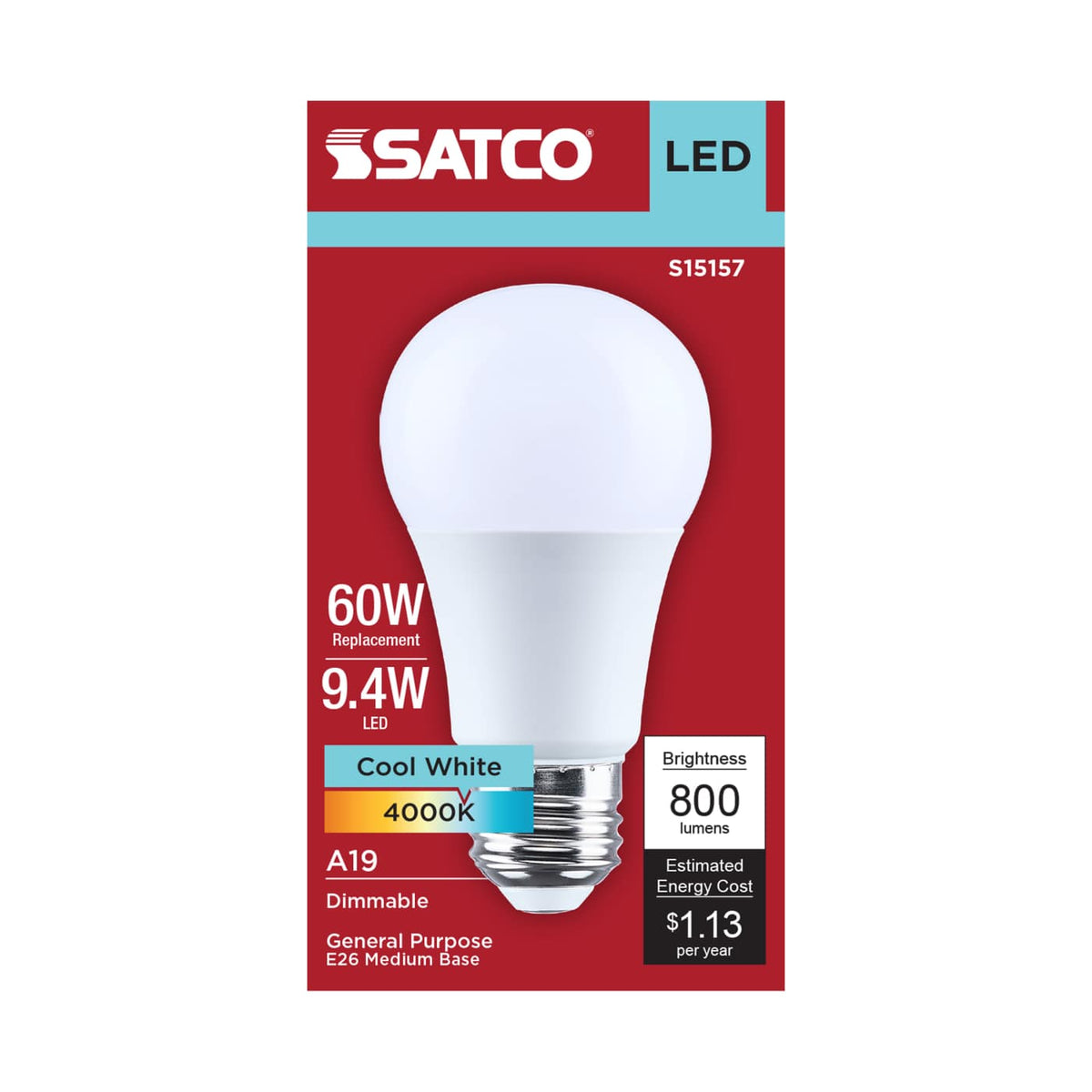 Satco 9.4w A19 LED 4000K CCT Medium Base 120v Bulb
