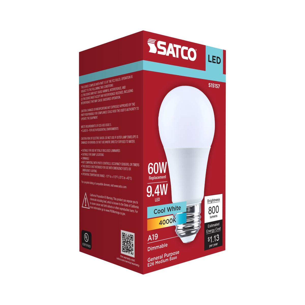 Satco 9.4w A19 LED 4000K CCT Medium Base 120v Bulb