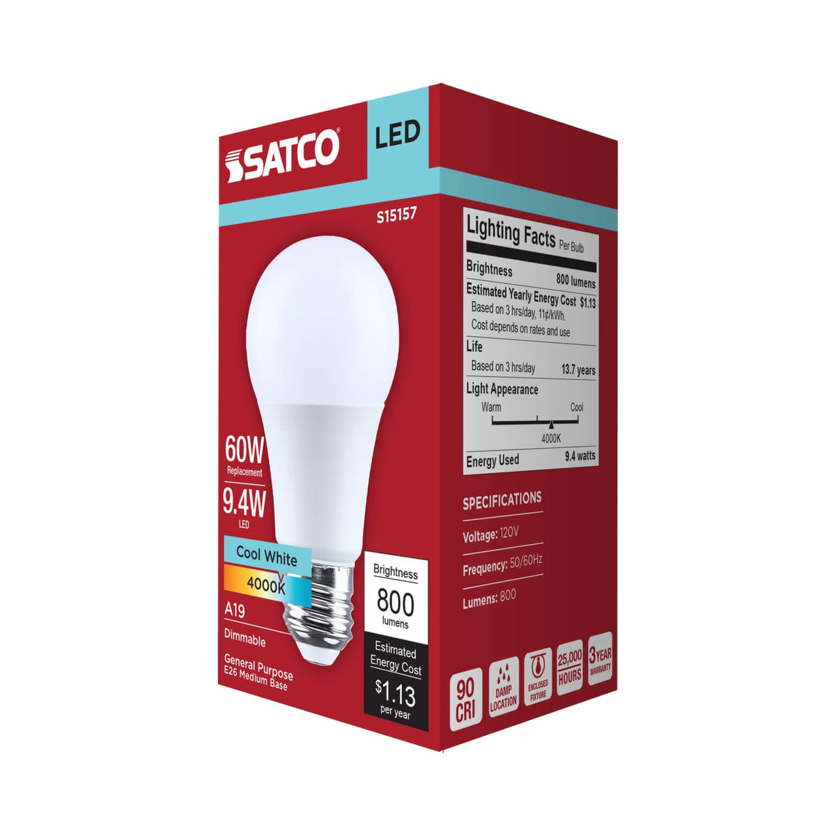 Satco 9.4w A19 LED 4000K CCT Medium Base 120v Bulb