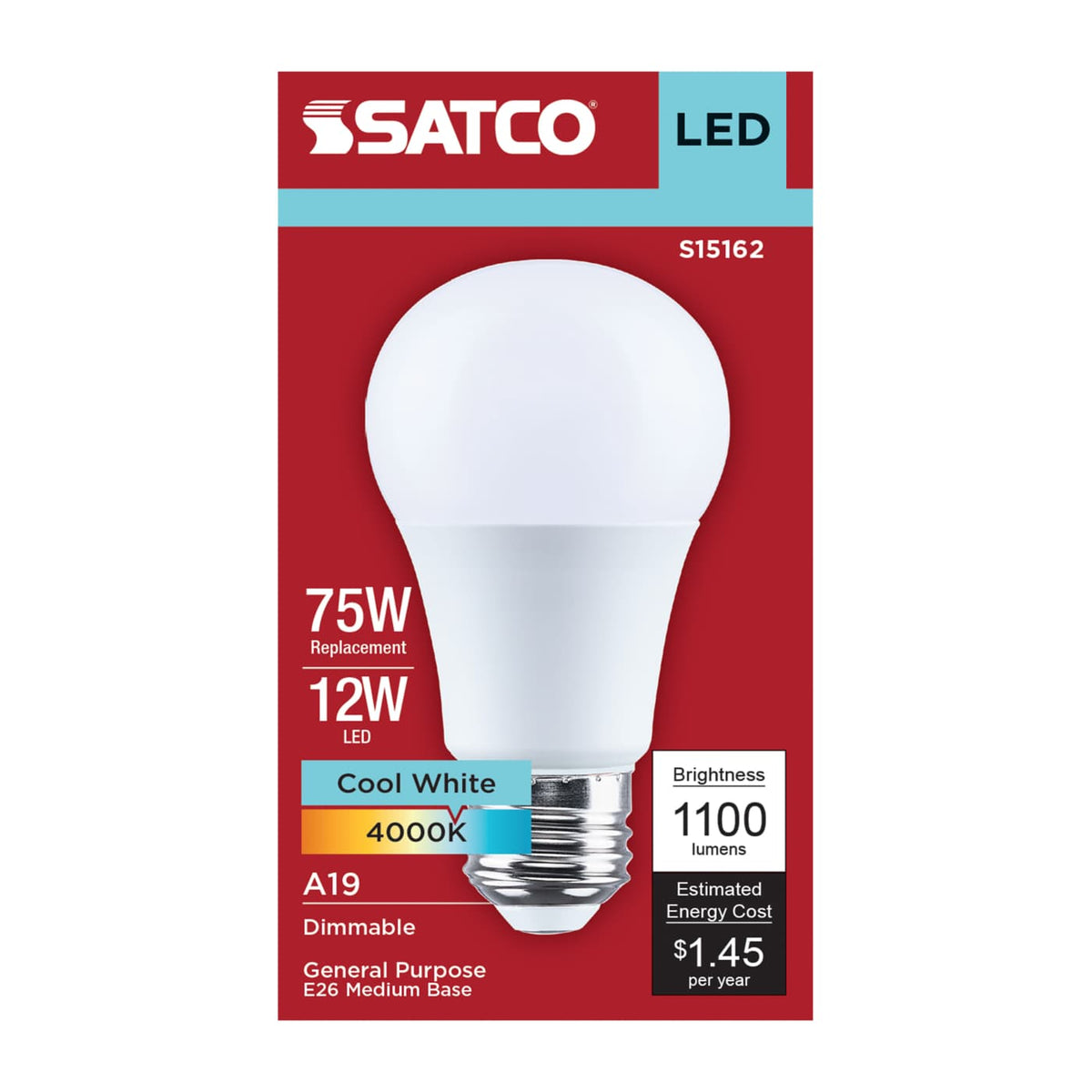 Satco 12w A19 LED 4000K CCT 80 CRI Medium Base 120v Bulb
