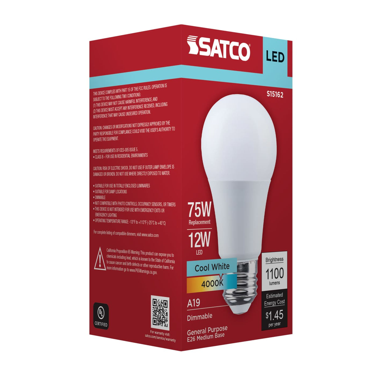 Satco 12w A19 LED 4000K CCT 80 CRI Medium Base 120v Bulb