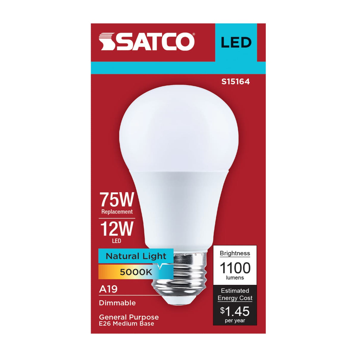 Satco 12w A19 LED 5000K CCT 80 CRI Medium Base 120v Bulb