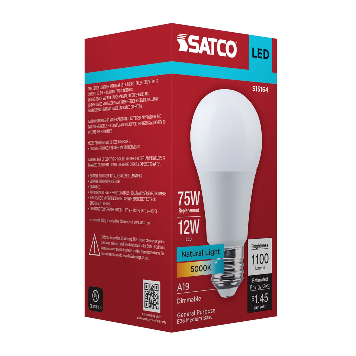 Satco 12w A19 LED 5000K CCT 80 CRI Medium Base 120v Bulb