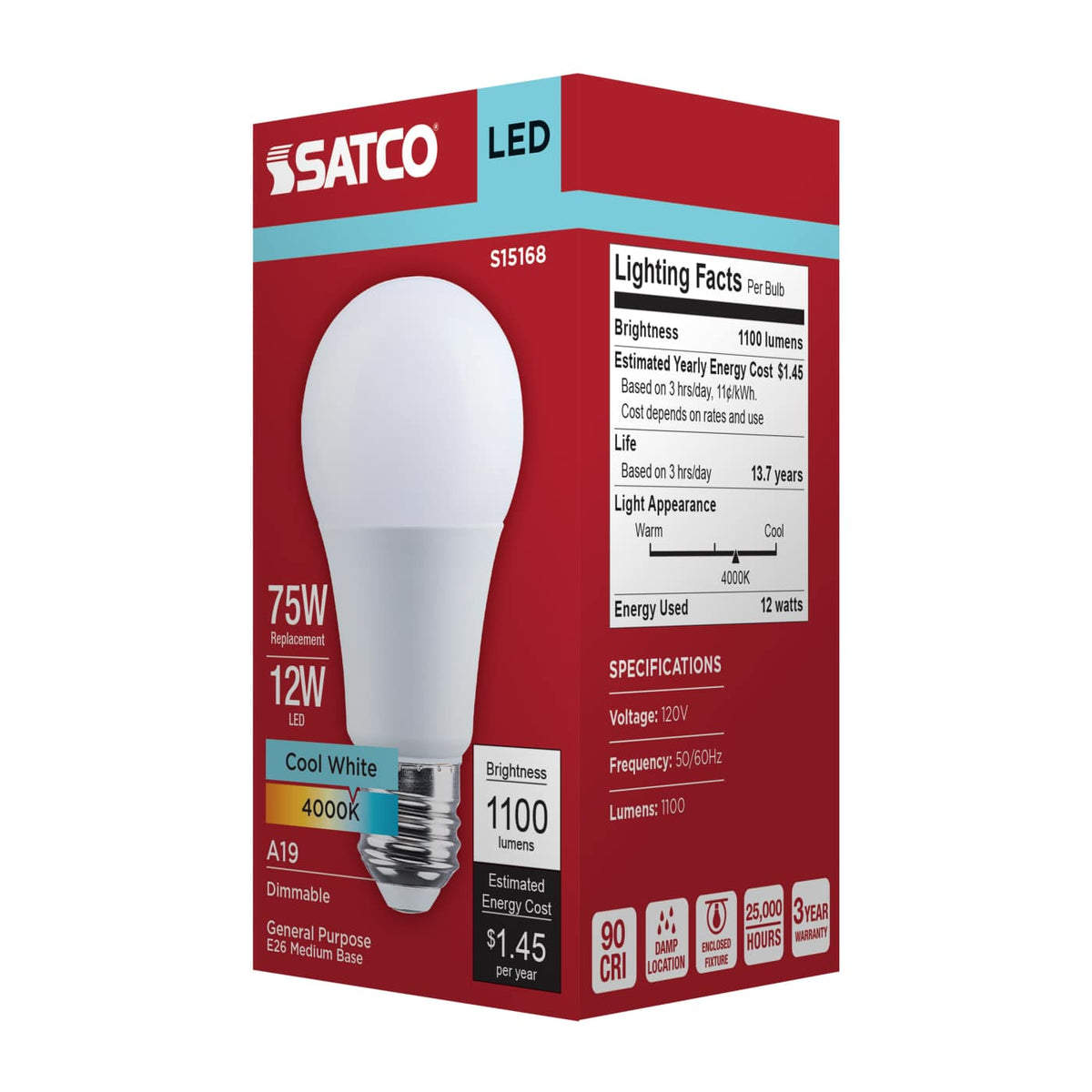 Satco 12w A19 LED 4000K CCT Medium Base 120v Bulb