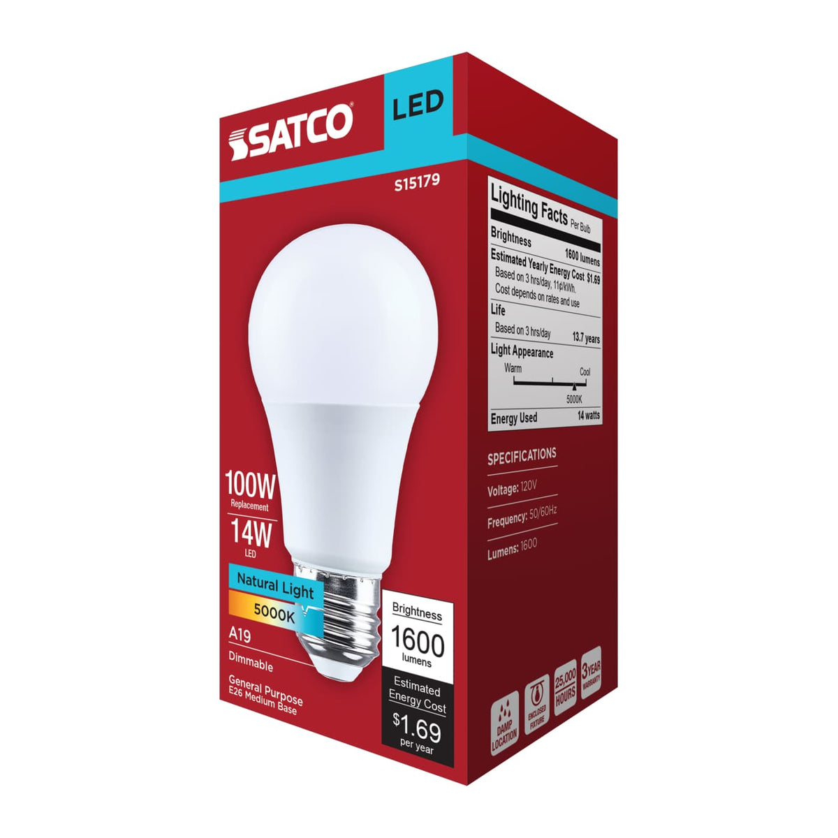 Satco 14w A19 LED 5000K CCT 80 CRI Medium Base 120v Bulb