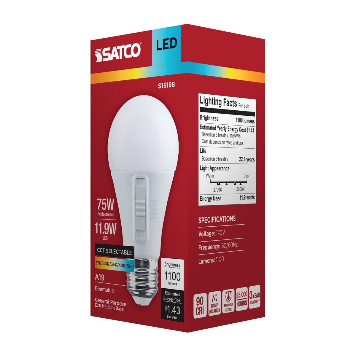 Satco 11.9w A19 LED 27K/30K/35K/40K/50K CCT Medium Base 120v Bulb