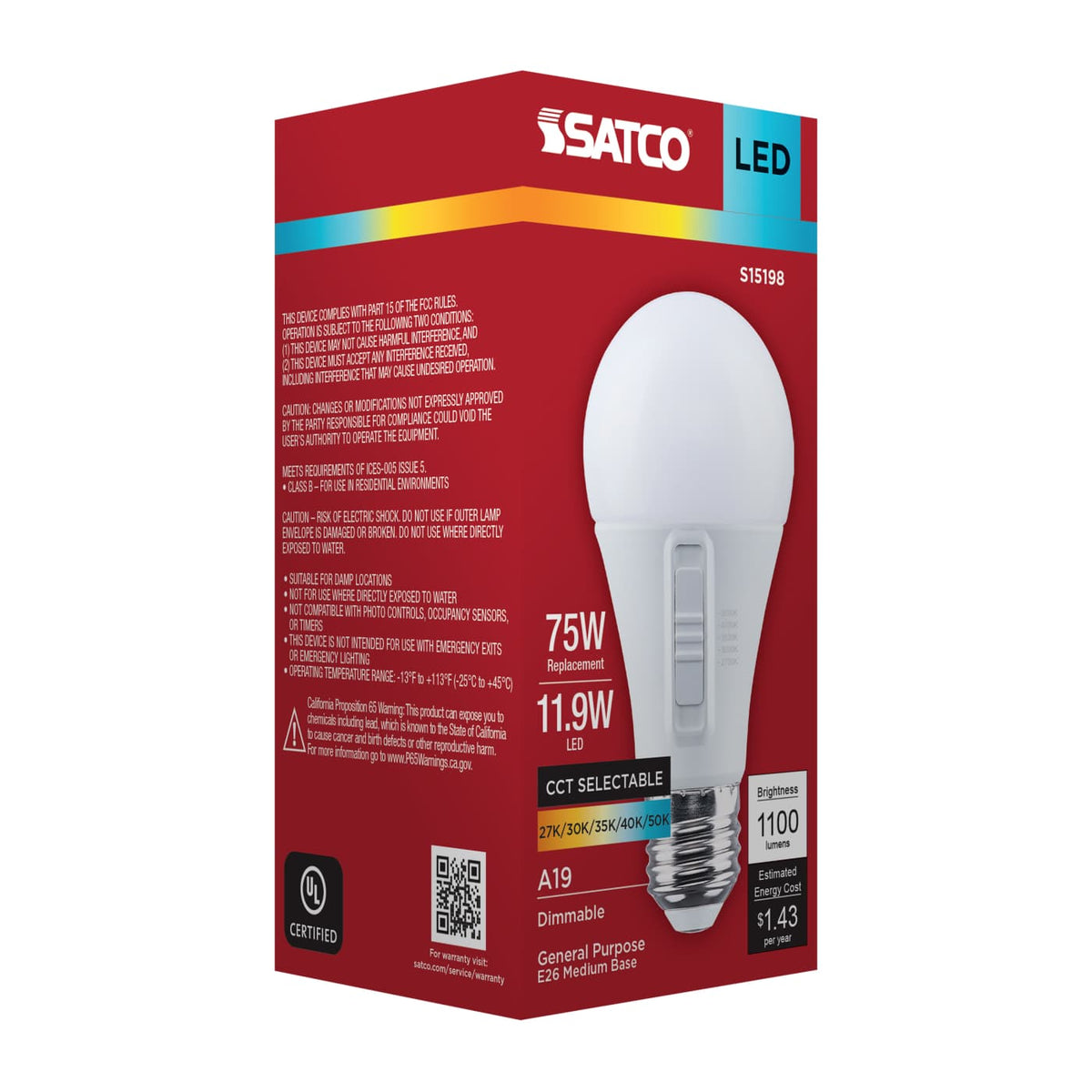 Satco 11.9w A19 LED 27K/30K/35K/40K/50K CCT Medium Base 120v Bulb