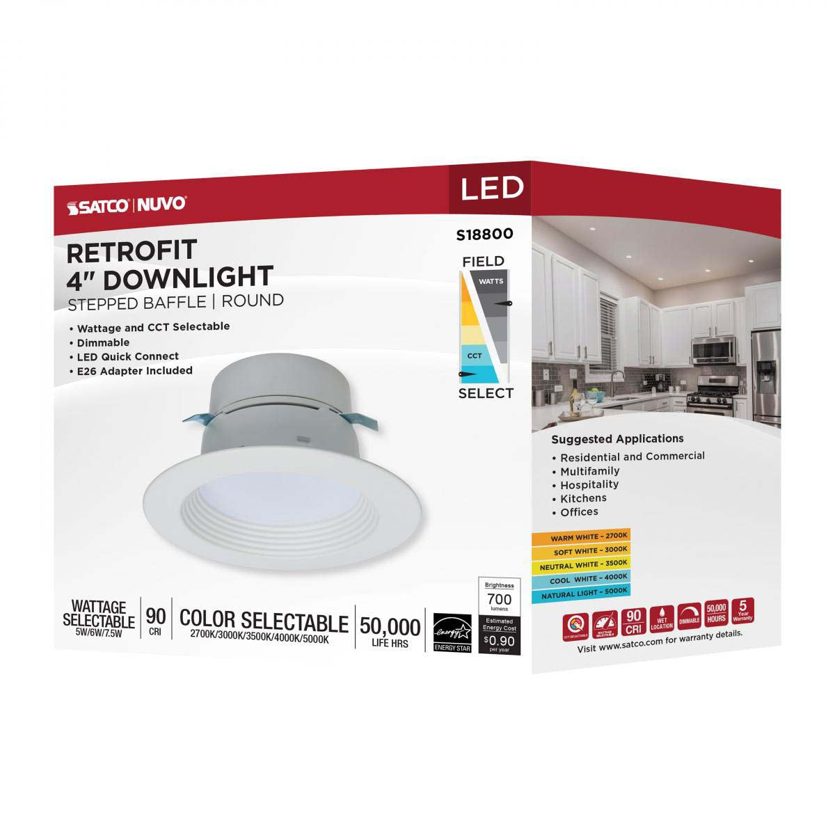 4-in LED Retrofit Downlight Wattage Lumens & CCT Selectable Round White Finish
