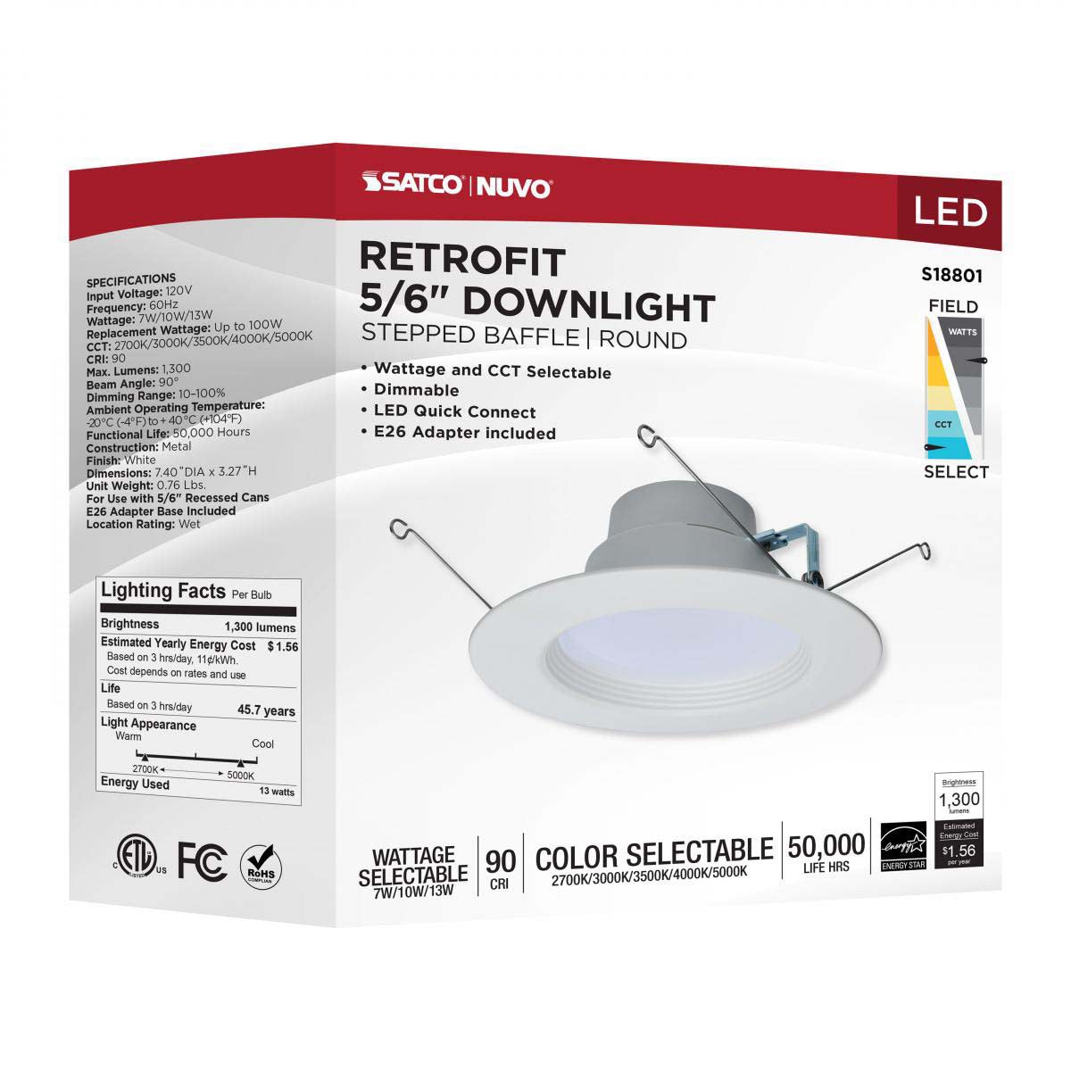 5-6-in LED Retrofit Downlight Wattage Lumens & CCT Selectable Round White Finish