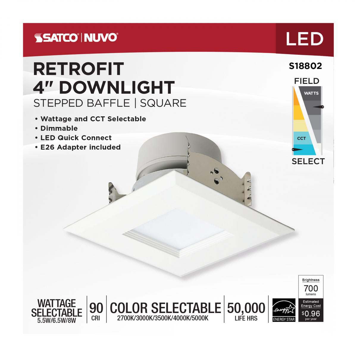 LED Retrofit Downlight Wattage Lumens & CCT Selectable 120v Square White Finish
