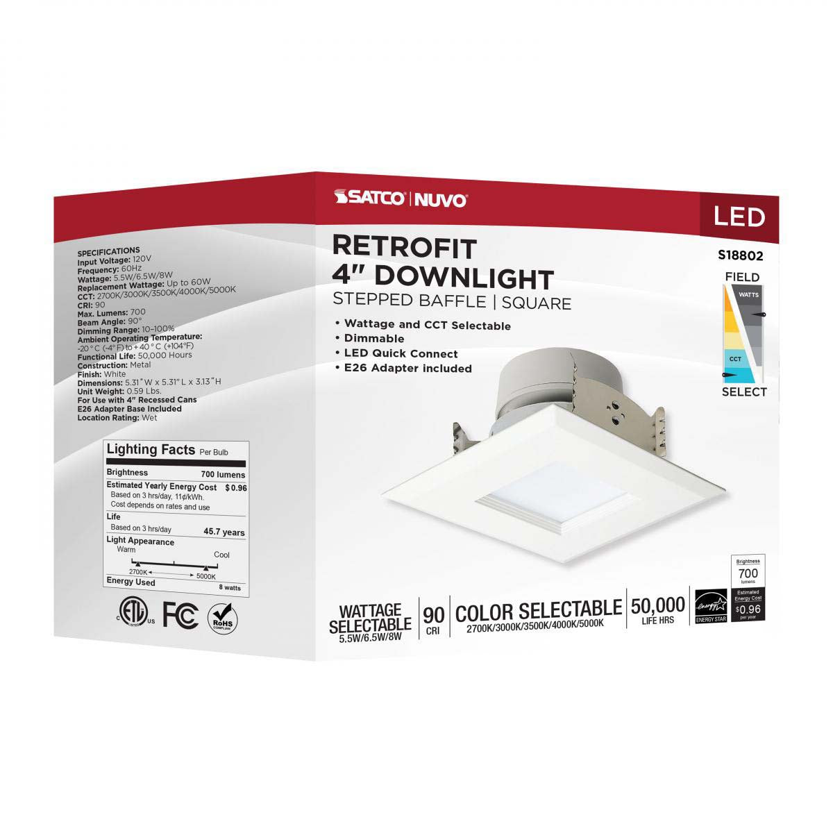 LED Retrofit Downlight Wattage Lumens & CCT Selectable 120v Square White Finish