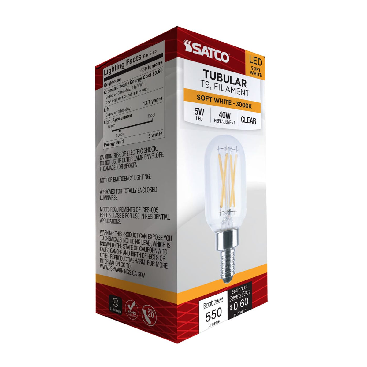 Satco 5w T9 LED 3000K CCT Candelabra Base 120v Bulb