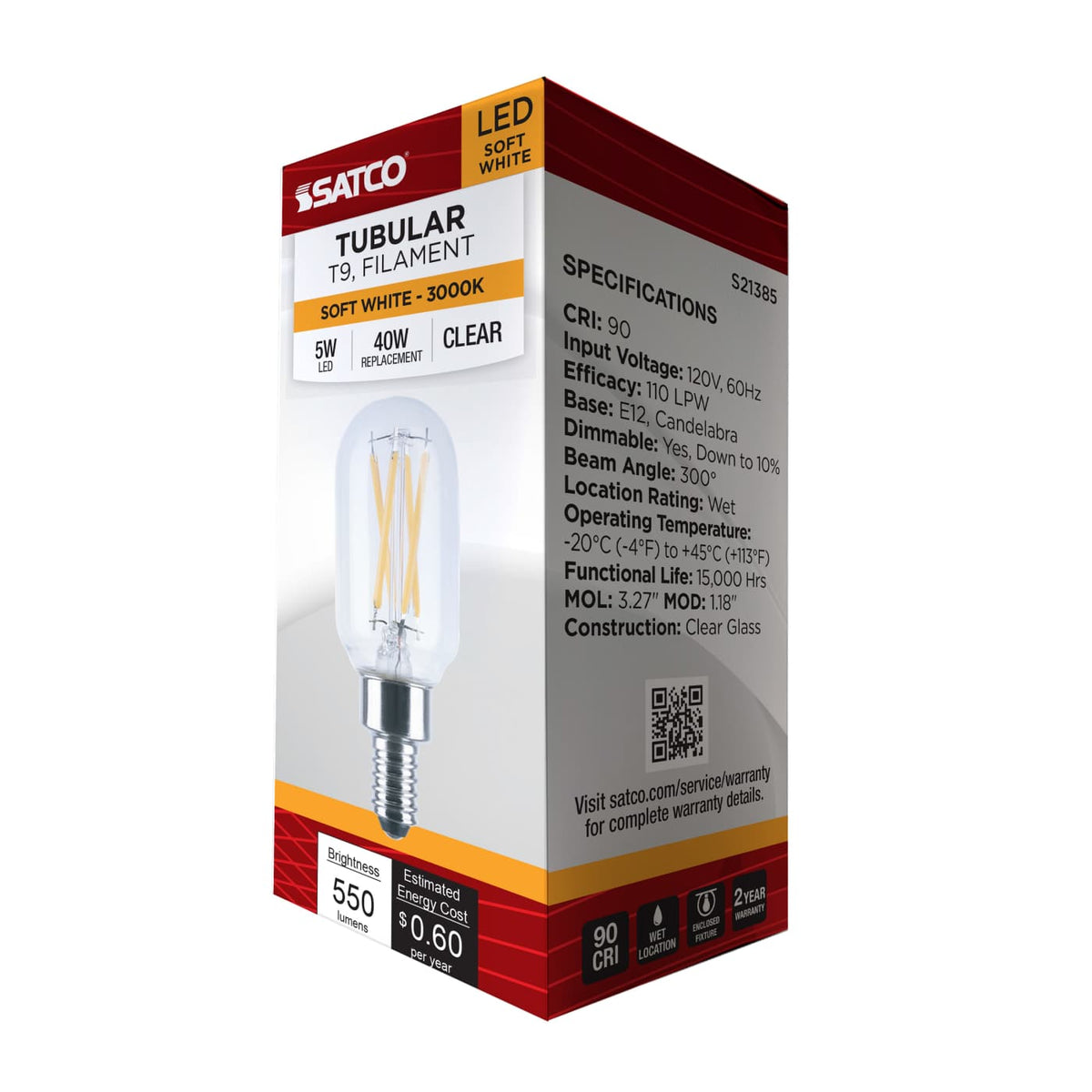 Satco 5w T9 LED 3000K CCT Candelabra Base 120v Bulb