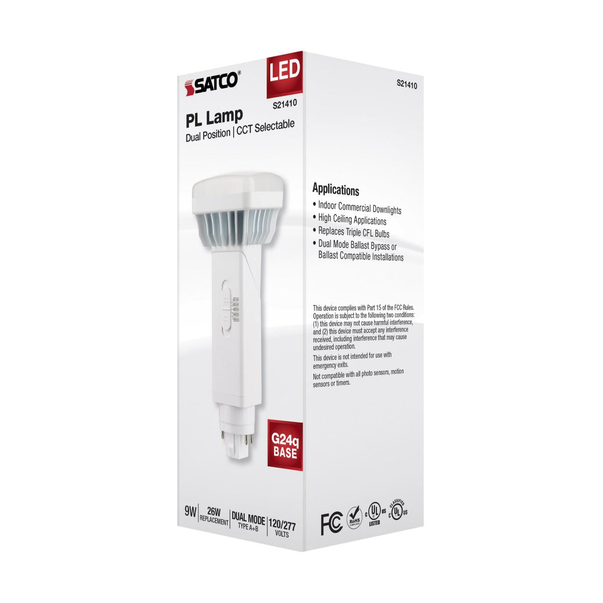 Satco 9w PL 4-Pin LED 1100Lm G24q Base 120-277v CCT Selectable White Finish Bulb