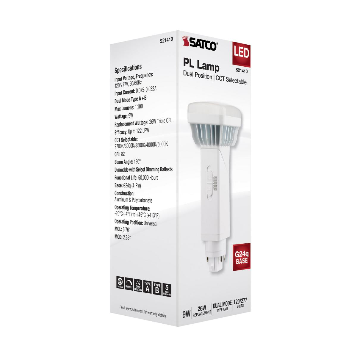 Satco 9w PL 4-Pin LED 1100Lm G24q Base 120-277v CCT Selectable White Finish Bulb