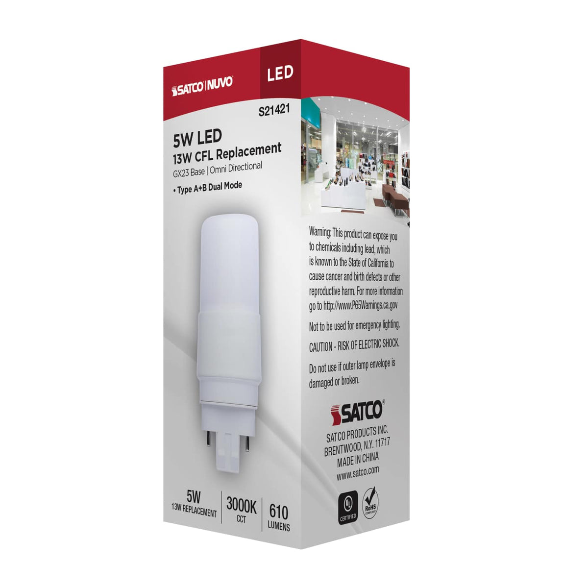 Satco 5w PL LED GX23 Base Frost Finish Type A/B Dual Ballast 3000K 120-277v Bulb