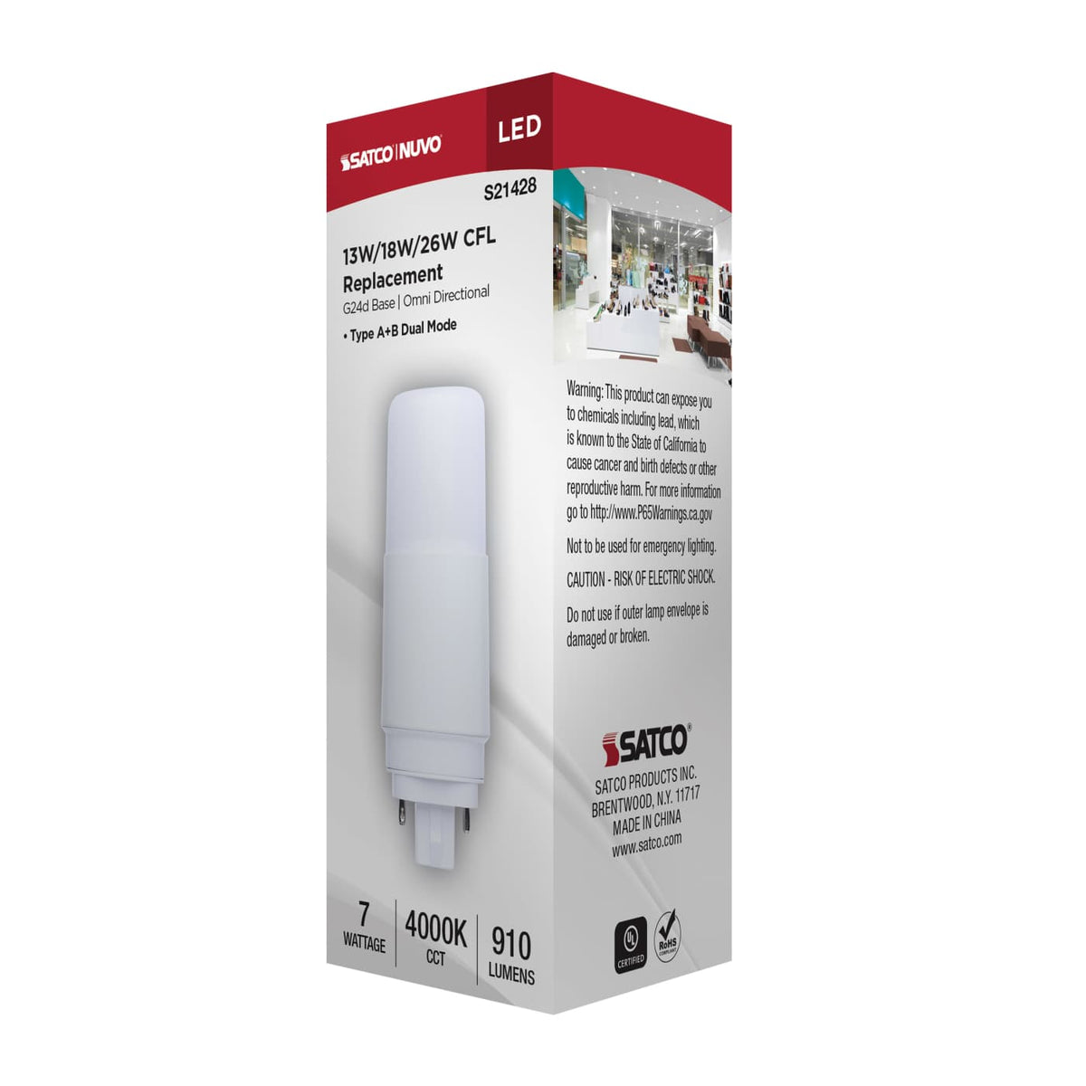 Satco 7w PL LED: G24D Base Frost Finish Dual Ballast 4000K 120-277v Bulb
