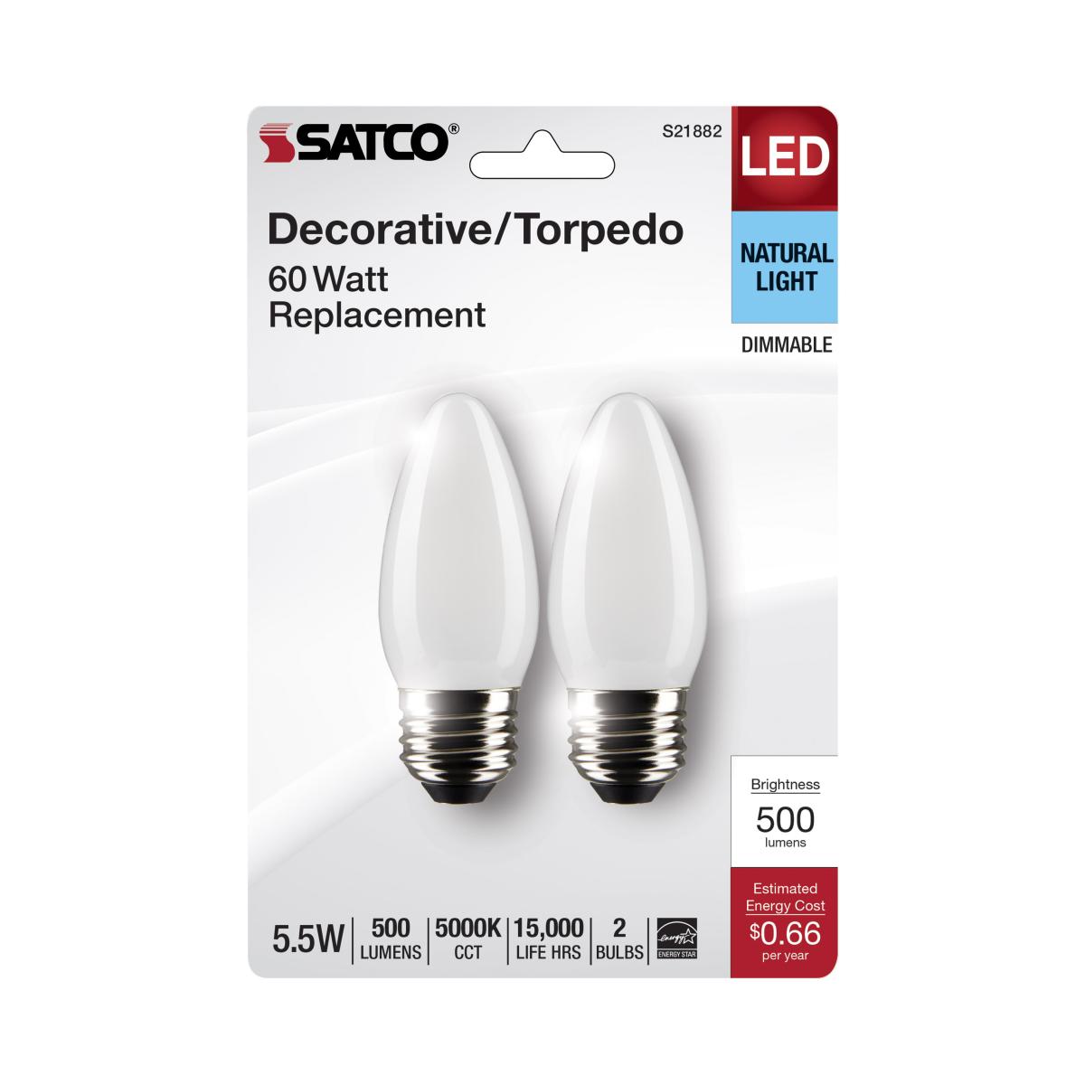 2Pk - Satco 5.5w B11 LED E26 Medium Base 5000K 120v Frosted Finish Bulb