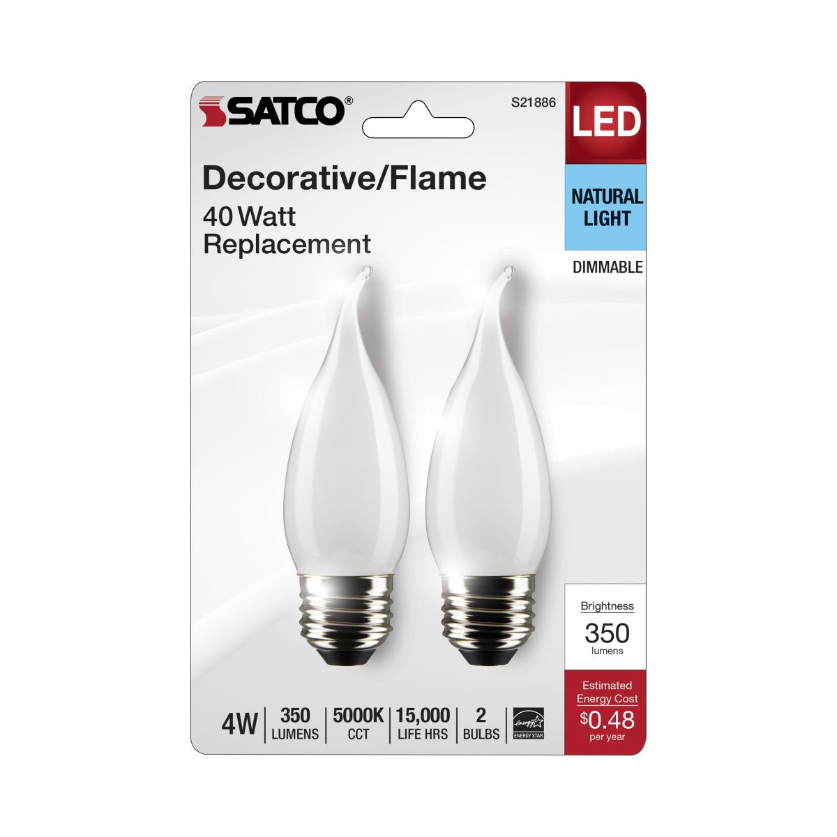 2Pk - Satco 4w CA10 LED E26 Medium Base 5000K 120v Frosted Finish Bulb