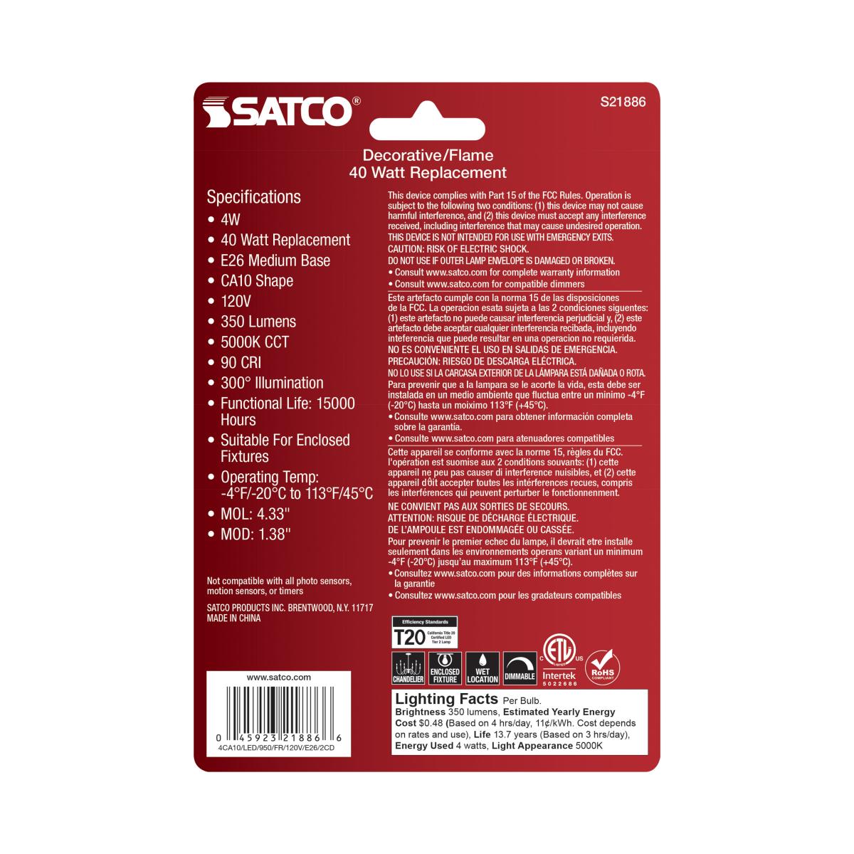 2Pk - Satco 4w CA10 LED E26 Medium Base 5000K 120v Frosted Finish Bulb