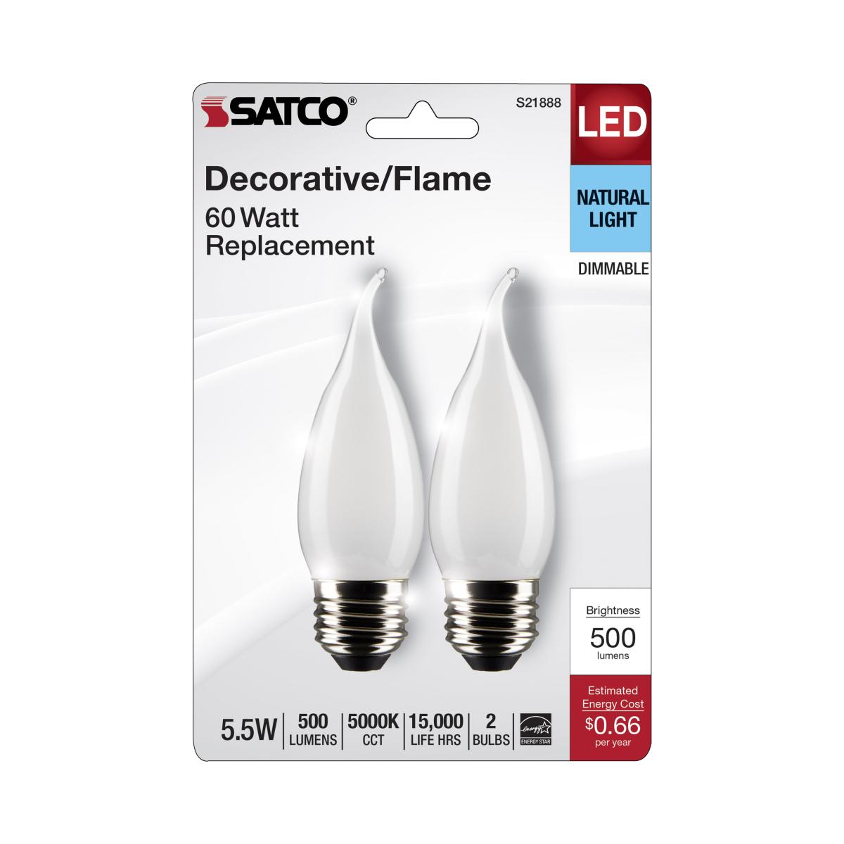 2Pk - Satco 5.5w CA10 LED E26 Medium Base 5000K 120v Frosted Finish Bulb