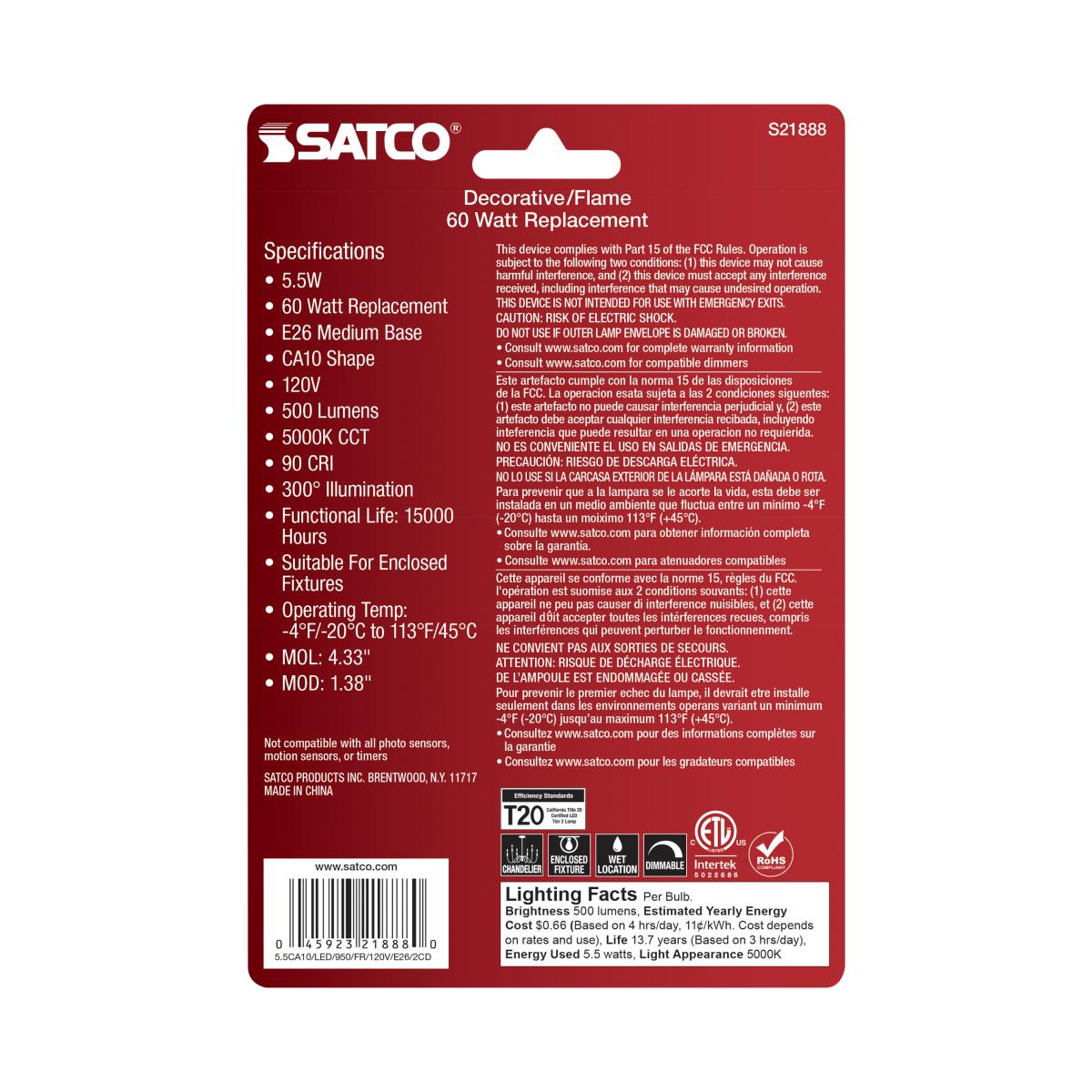 2Pk - Satco 5.5w CA10 LED E26 Medium Base 5000K 120v Frosted Finish Bulb