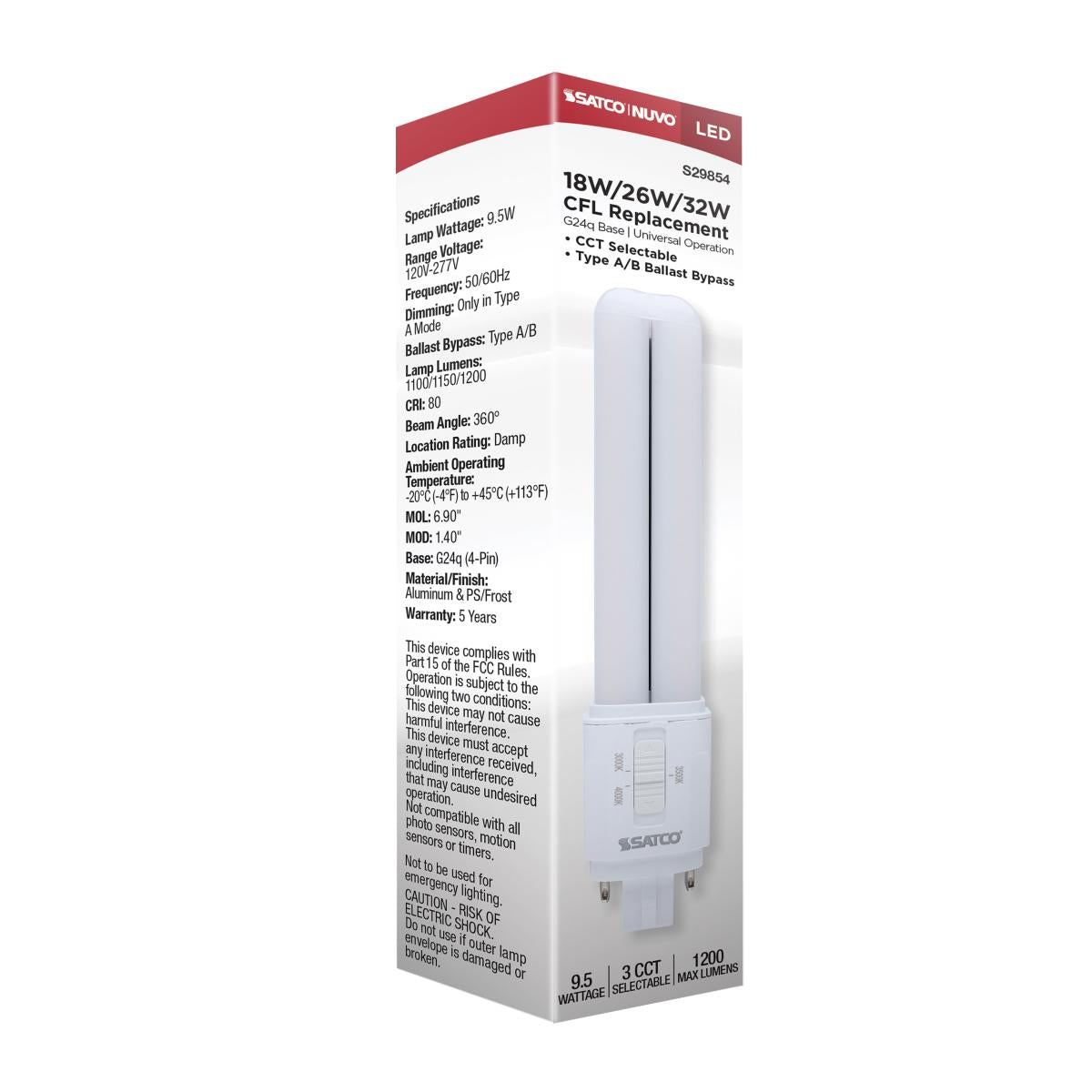 Satco 9.5w LED PL CCT Selectable G24q Base