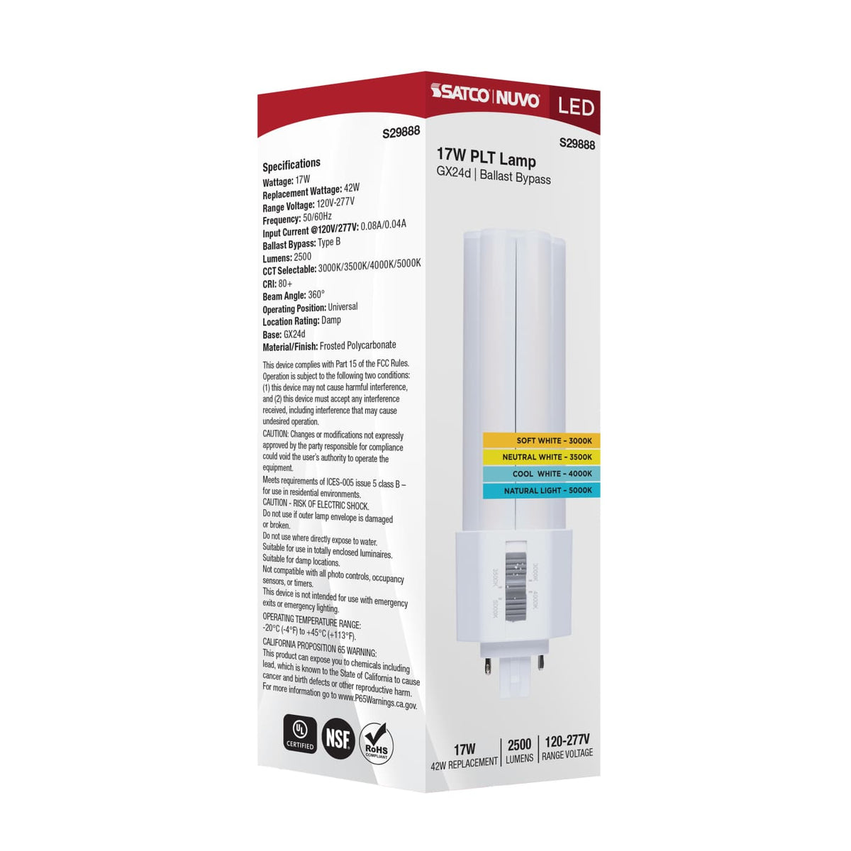 Satco 17w PLT LED CCT Selectable Gx24d Base Omni Type B 120-277v Bulb