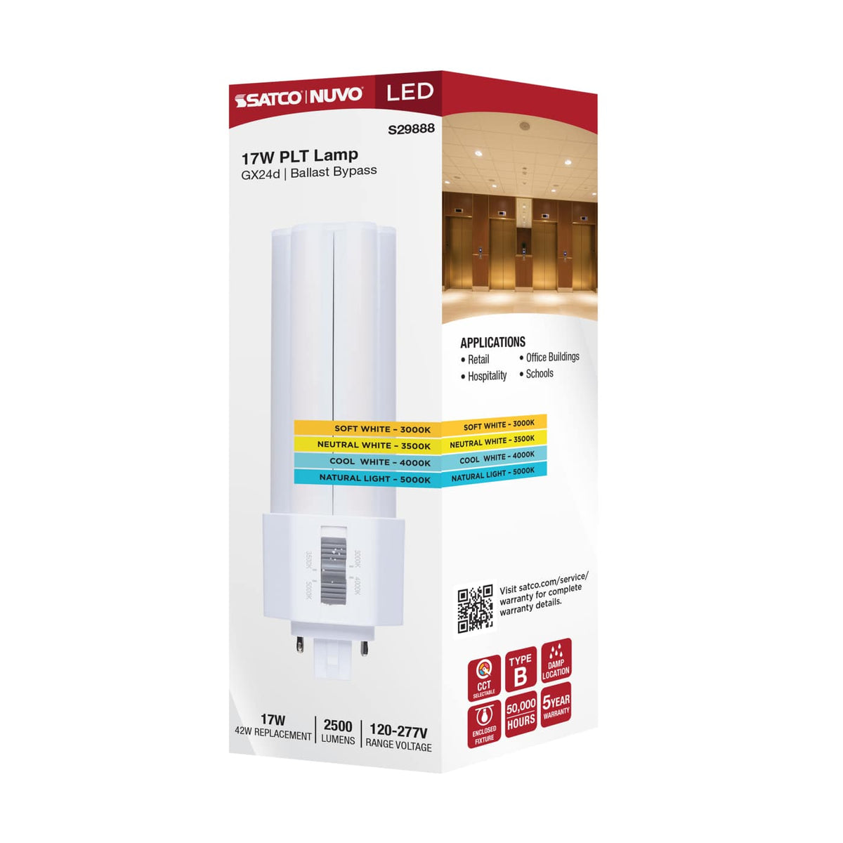 Satco 17w PLT LED CCT Selectable Gx24d Base Omni Type B 120-277v Bulb
