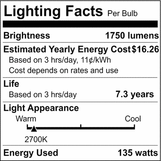 Satco 135w A21 Incandescent Clear 1750 Lumens E26 Medium base 120v Bulb