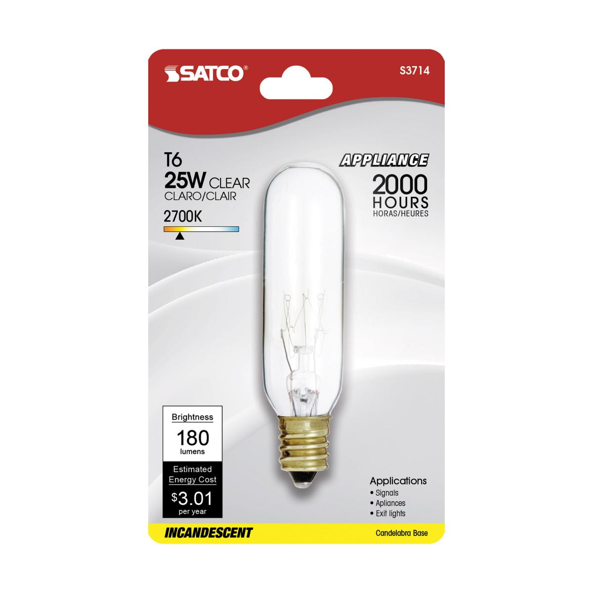 Satco 25w Incandescent T6 180Lm E12 Candelabra base 120v Clear Finish Bulb