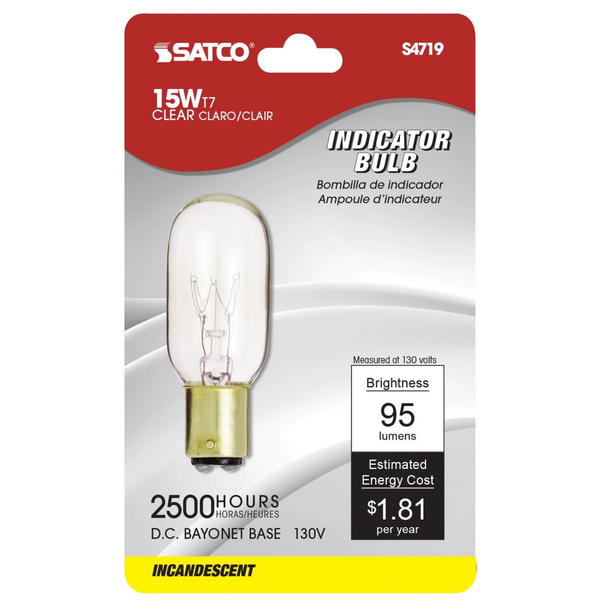 Satco 15w T7 Incandescent 95Lm BA15d DC Bay base 130v Clear Bulb