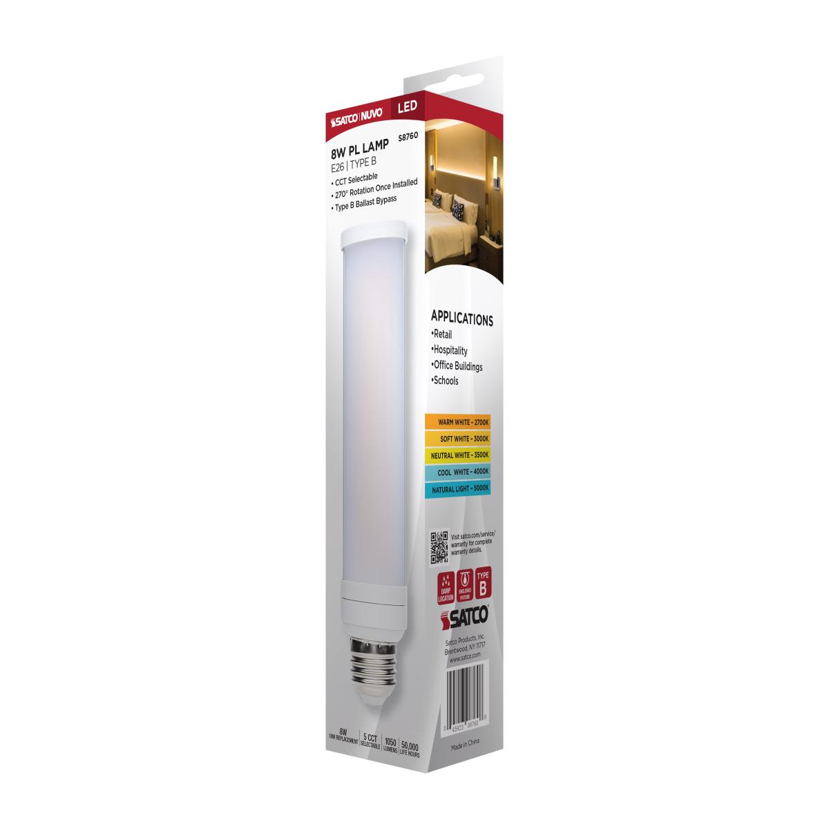 Satco 8w LED PL E26 Medium Base CCT Tunable 120-277v Frosted Bulb -18w equiv