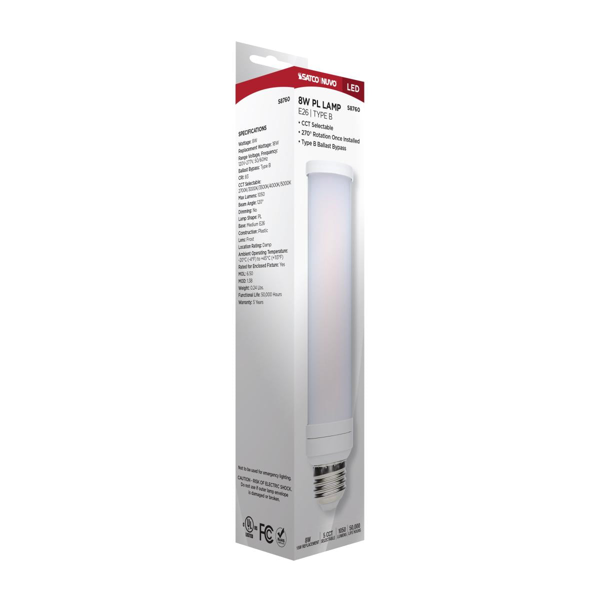 Satco 8w LED PL E26 Medium Base CCT Tunable 120-277v Frosted Bulb -18w equiv