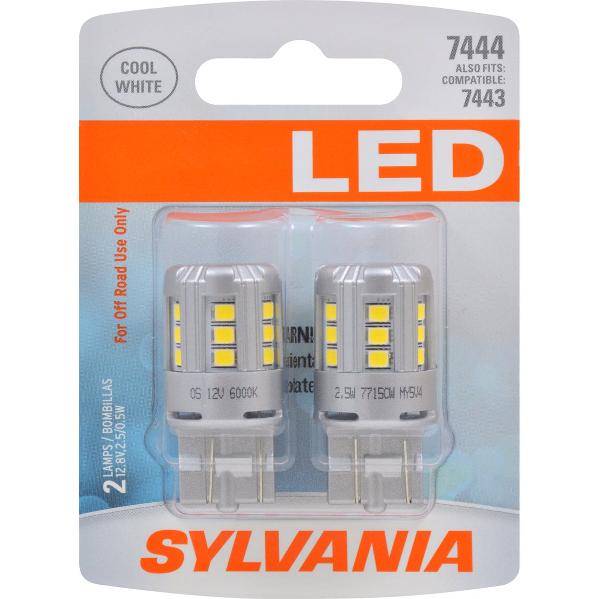 2-PK SYLVANIA 7444 T20 White LED Automotive Bulb